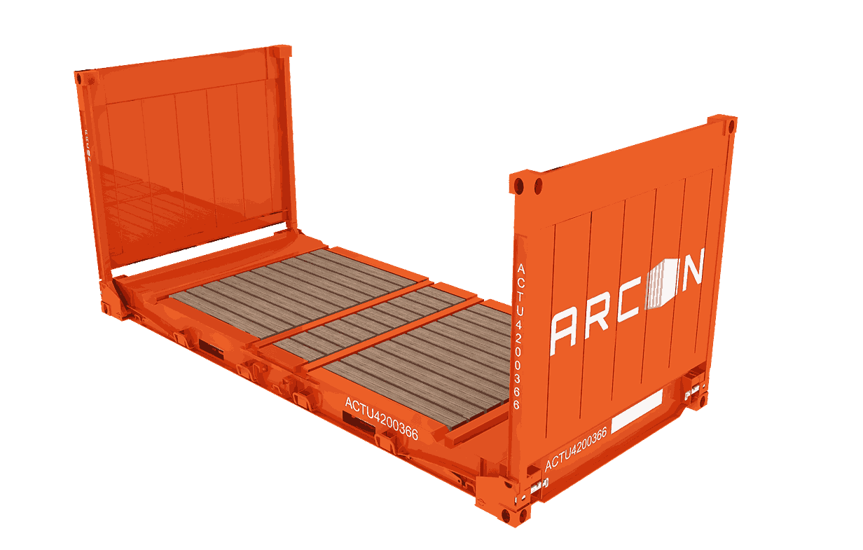Three-quarter angle of a 20ft flat rack container for oversized cargo